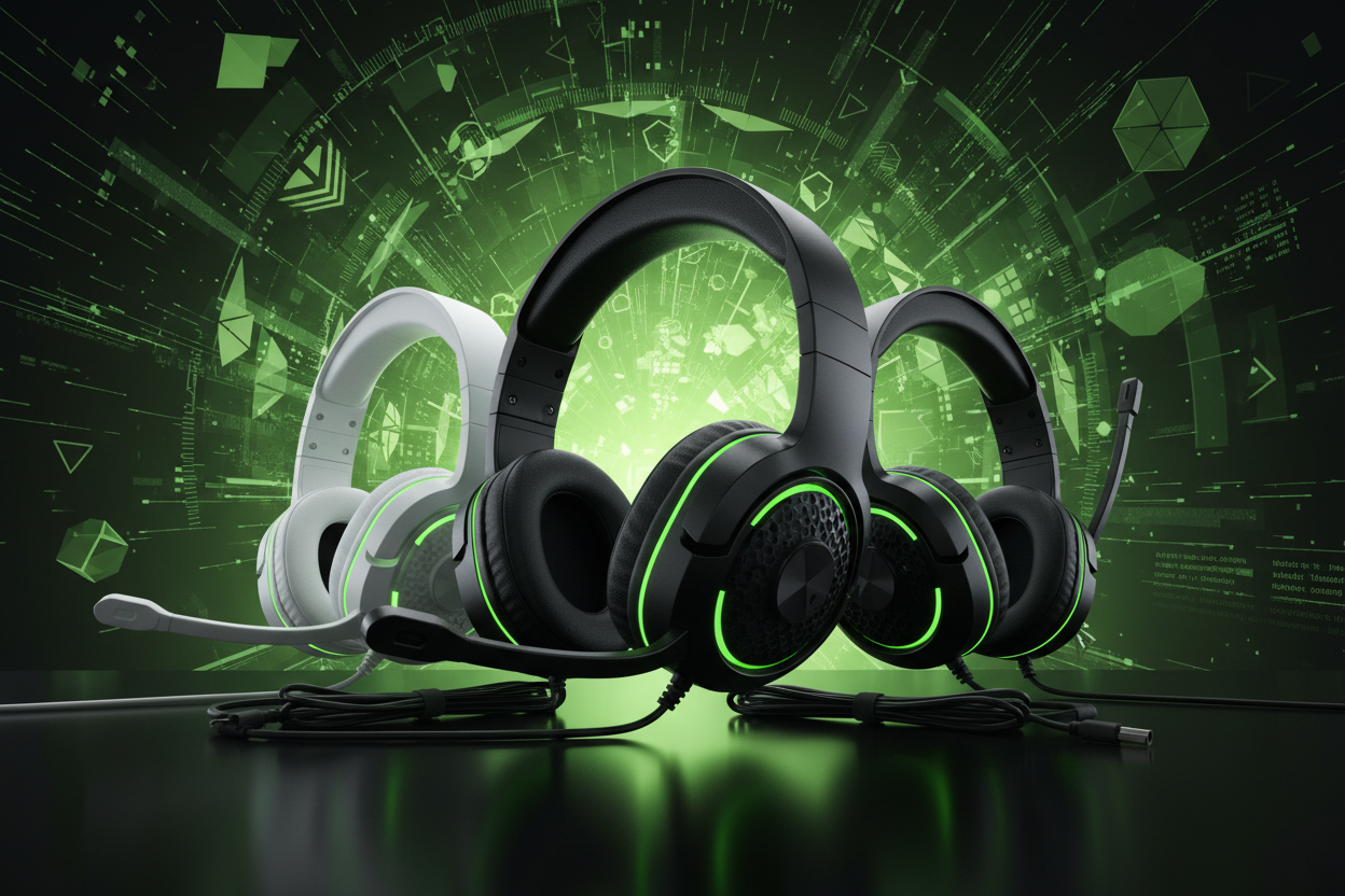 imagen de audifonos y cascos de pc con fondo gamer de toque verde claro y negro